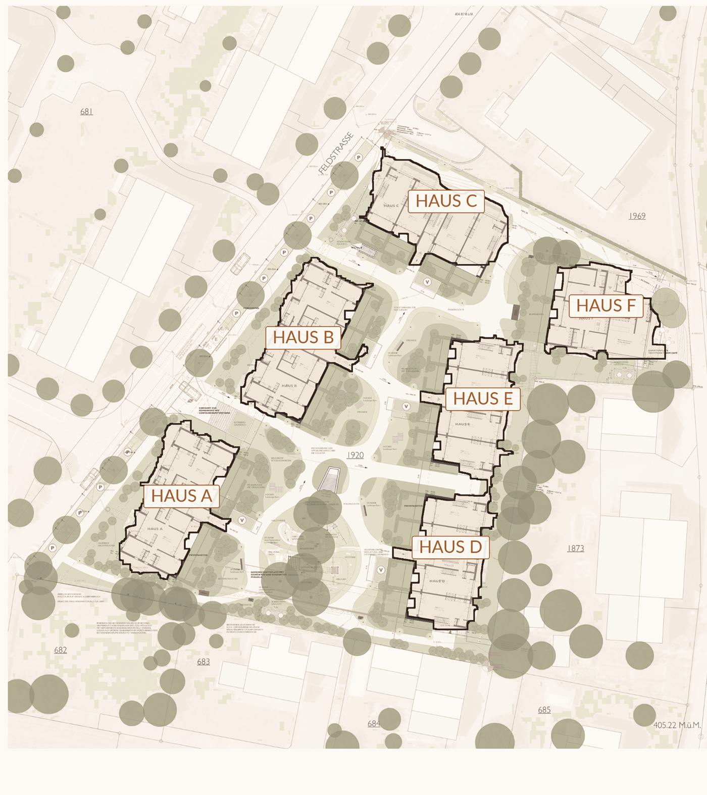 Situationsplan Im Feldpark: die sechs Wohnhäuser A bis F, beschriftet, gruppiert um einen gemeinsamen Aussenraum mit Spielplatz, Gemeinschaftsplatz und Quartierplatz.